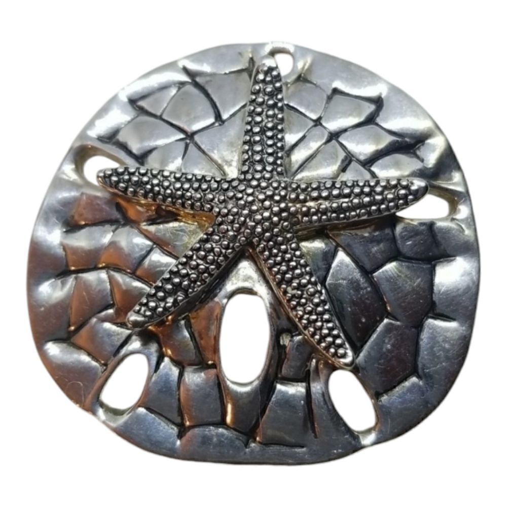 MJ Starfish Sand Dollar Brooch Pin Pendant Silver Cutout 1 3/4in